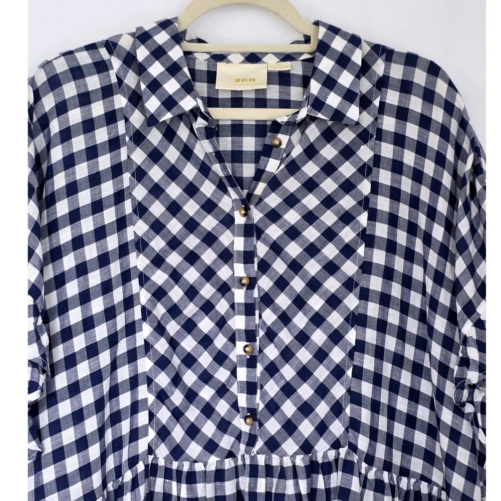 Maeve Anthropologie Navy Gingham Flounced Ruffle Shirt Linen Blend M Oversized - Picture 3 of 10